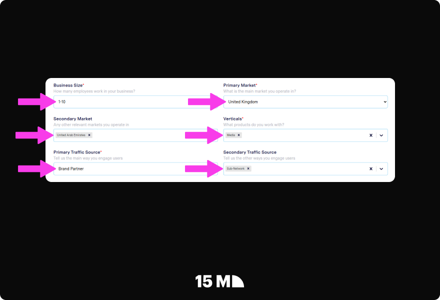 Provide your company profile details in the Optimise Media Affiliate registration form