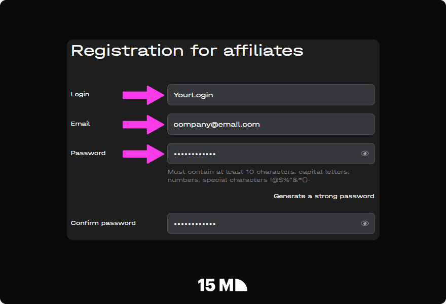 Start the registration on the RevenueLab Affiliate Program site with your email and password
