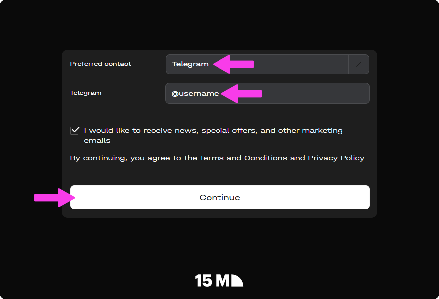 Select Telegram, accept the Terms and Privacy Policy, click Continue, and wait for account approval