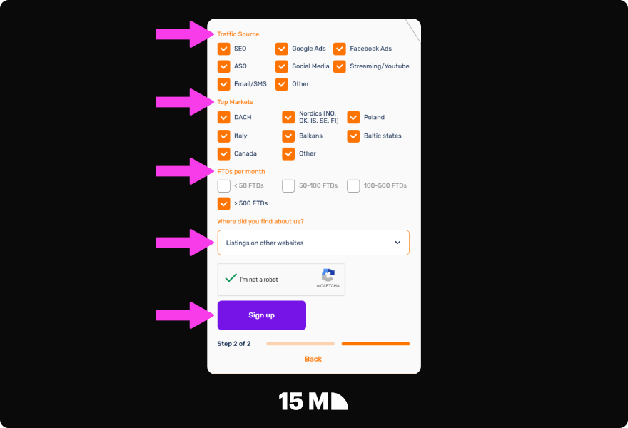 Add your traffic sources and submit the V.Partners application for approval