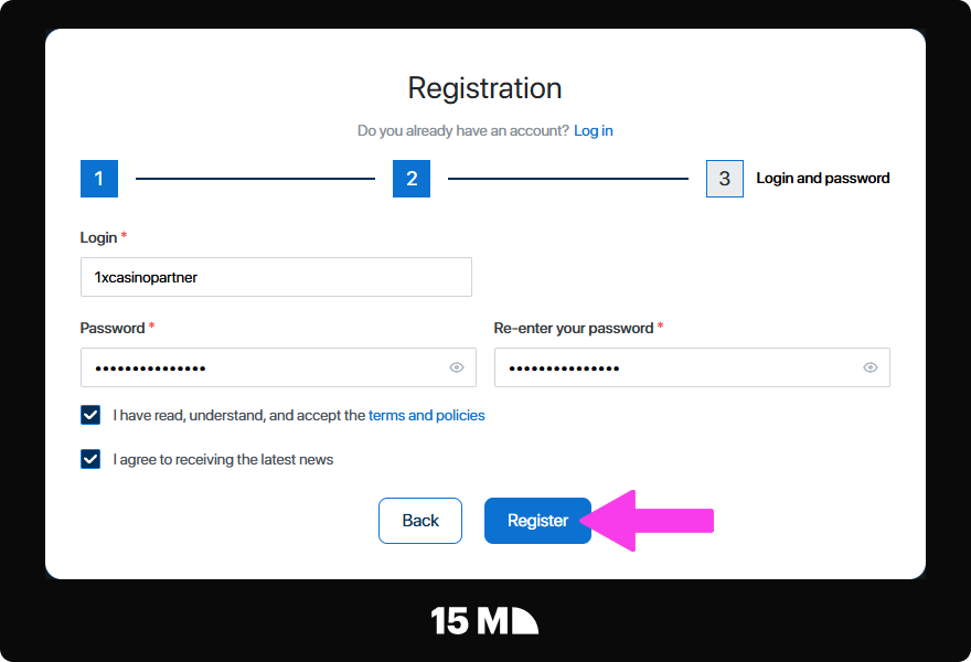 Complete the 1XCASINO Partners registration form with your contact details, traffic sources, and payout preferences