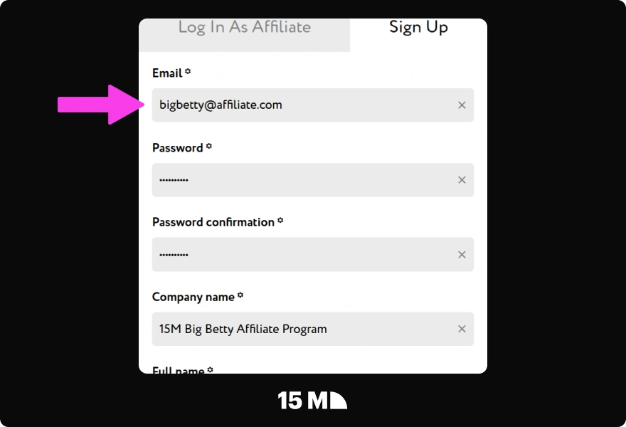 Enter your email in the Big Betty Affiliate Program sign-up form