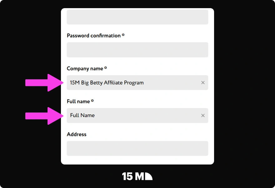 Enter your company name and full name in the Big Betty Affiliate Program sign-up form