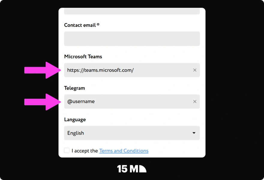 Choose a messenger and add your contact details in the Big Betty Affiliate Program sign-up form