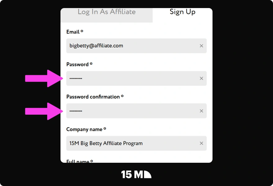 Create and confirm your password in the Big Betty Affiliate Program sign-up form