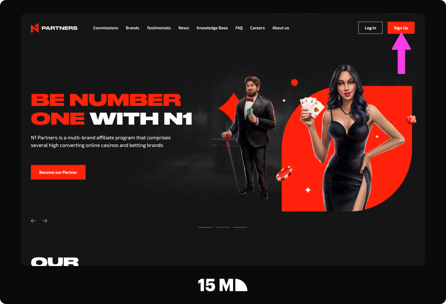 Visit the N1 Partners website and click the Register button to open the affiliate registration form