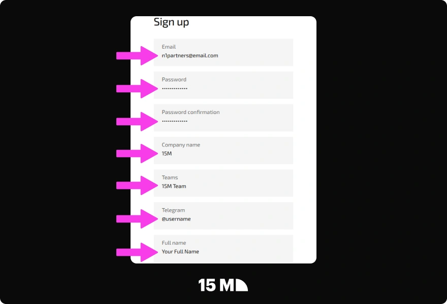 Enter your email, password, company details, Telegram username, and full name in the N1 Partners registration form