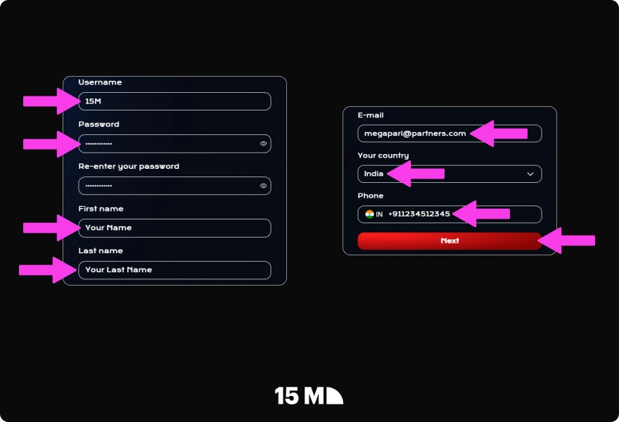 Enter your personal details and contact information in the Megapari Partners registration form, then click Next