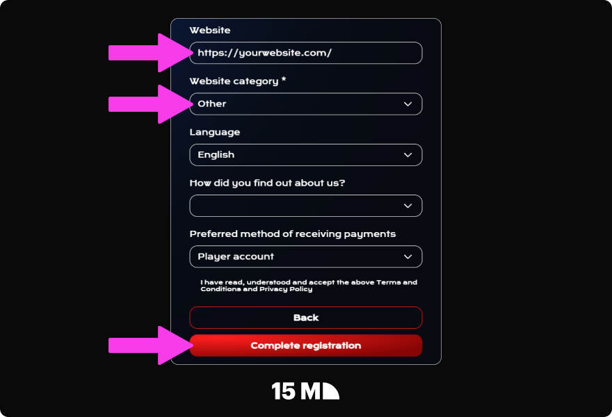 Select your promotion type, add your traffic source, and submit the Megapari Partners registration form