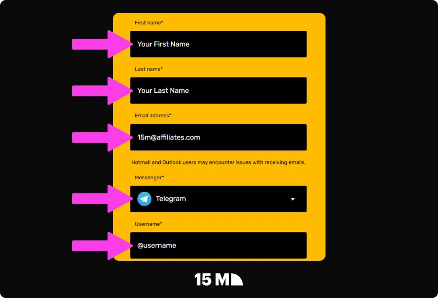 Enter your contact details and preferred messenger in the MelBet Partners registration form