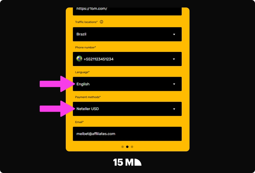 Select your language and payment method in the MelBet Partners registration form