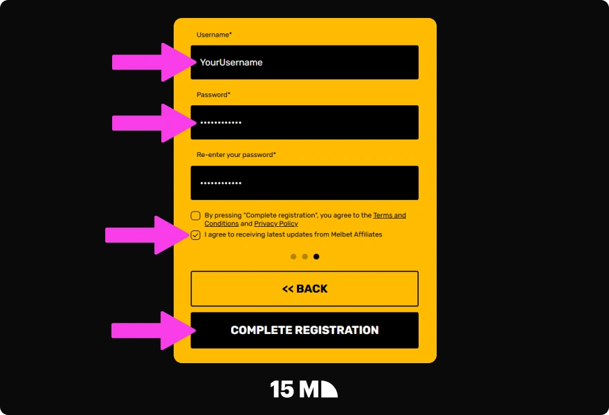 Create your login details, accept the rules, complete the MelBet Partners registration, and verify your email