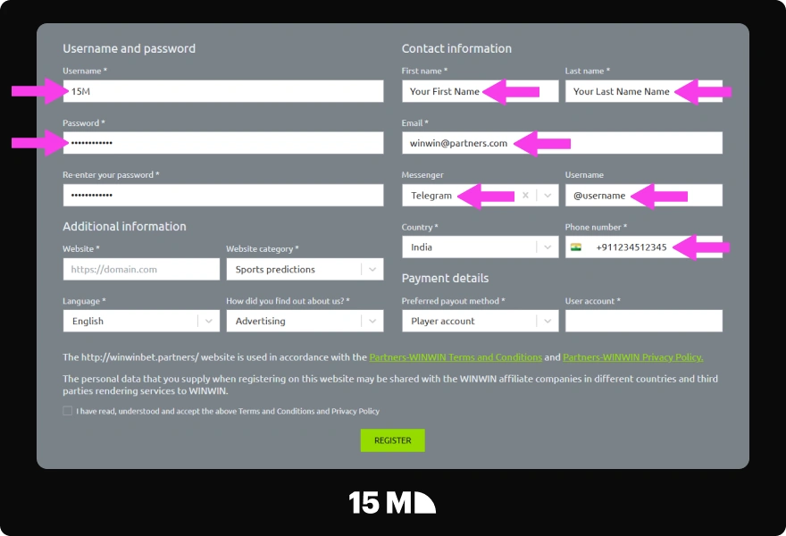 Enter your personal details, contact information, and messenger contact in the WinWin Partners registration form