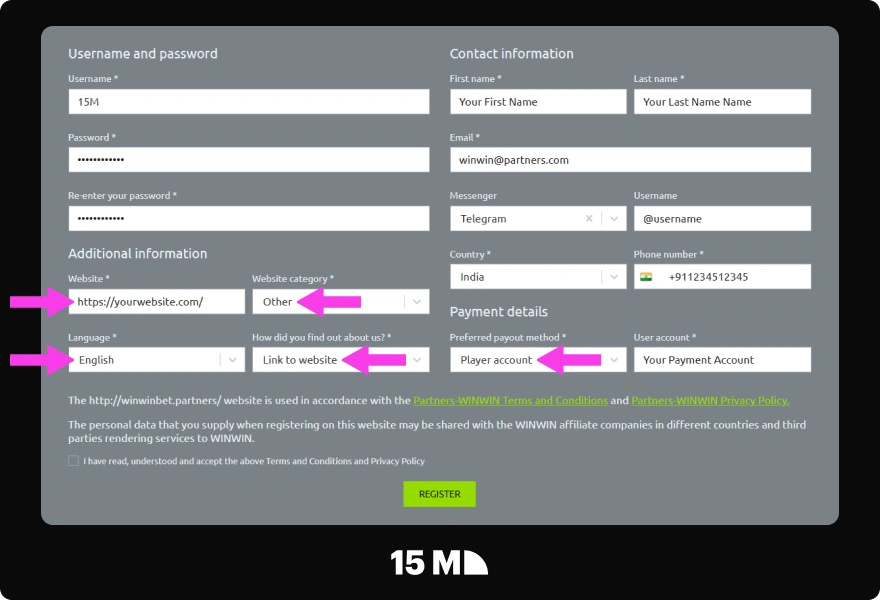 Select your payment method, add your website details, and complete the WinWin Partners registration form