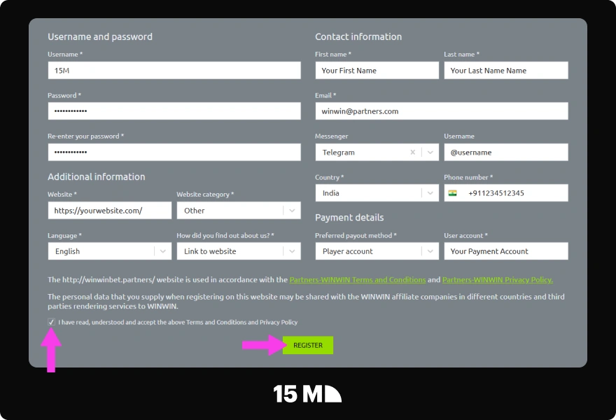 Accept the terms and register your WinWin Partners account
