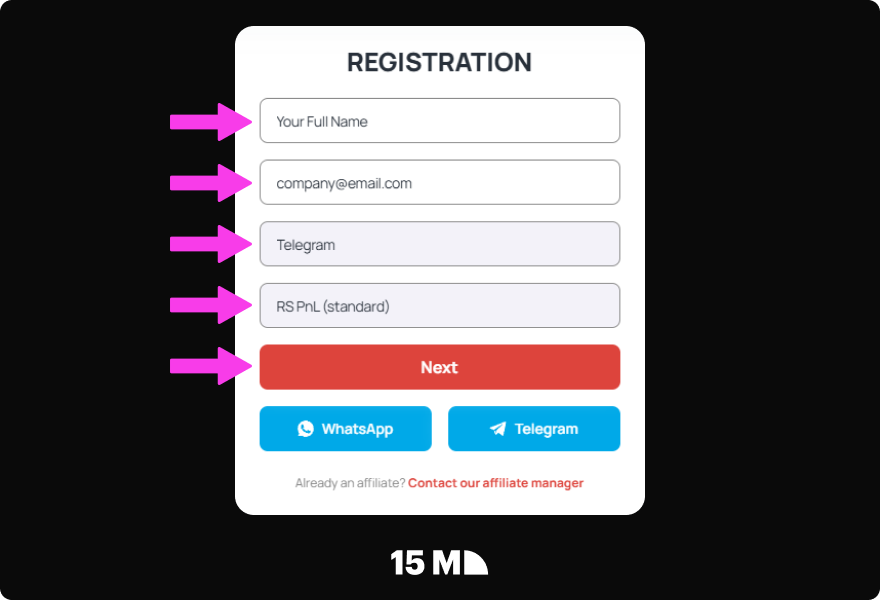 Complete the VOdds Partners registration form with your name, email address, messenger contact, and preferred commission model