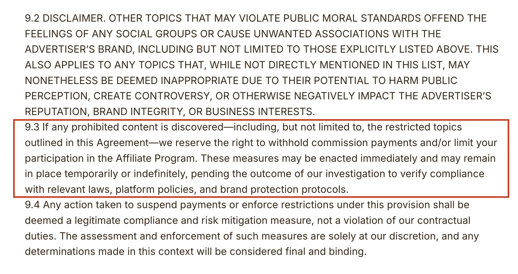 Archived clause 9.3 allowed commission holds but listed no fixed penalties